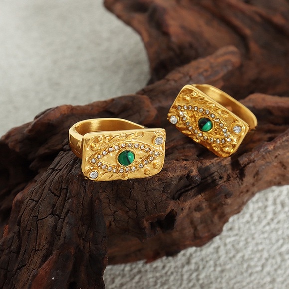 18K Gold Plated Evil Eyes Ring*Malachite Ring*Vintage Chunky Ring*Artsy Chic*JD - Picture 2 of 4